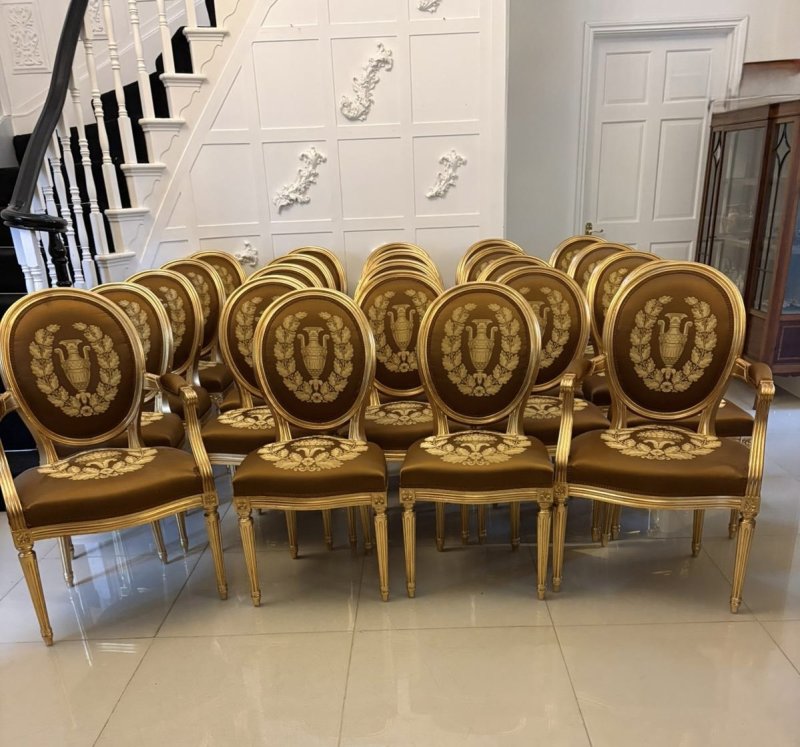 Large Rare Suite of 42 Matching Louis XVI Style Giltwood Dining Chairs with Silk Damask Upholstery - Image 2